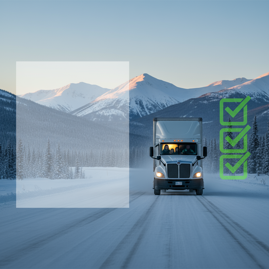 Alaska winter highway hero banner with moving truck