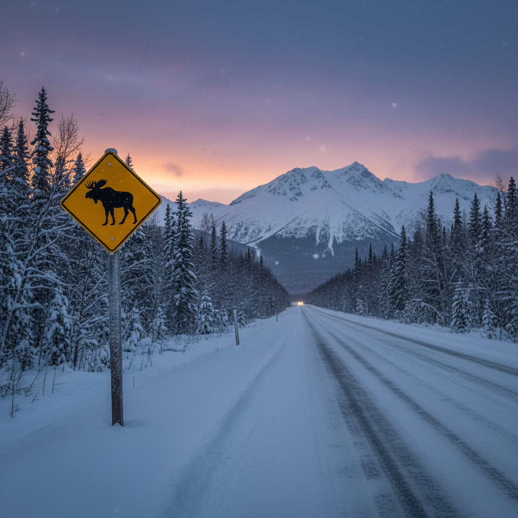 Alaska winter highway under low sun with rest planning