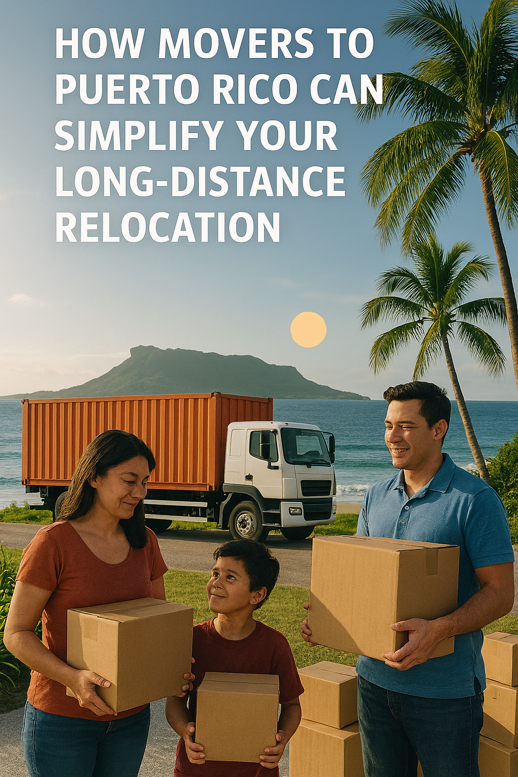 Family moving to Puerto Rico with boxes and ocean backdrop